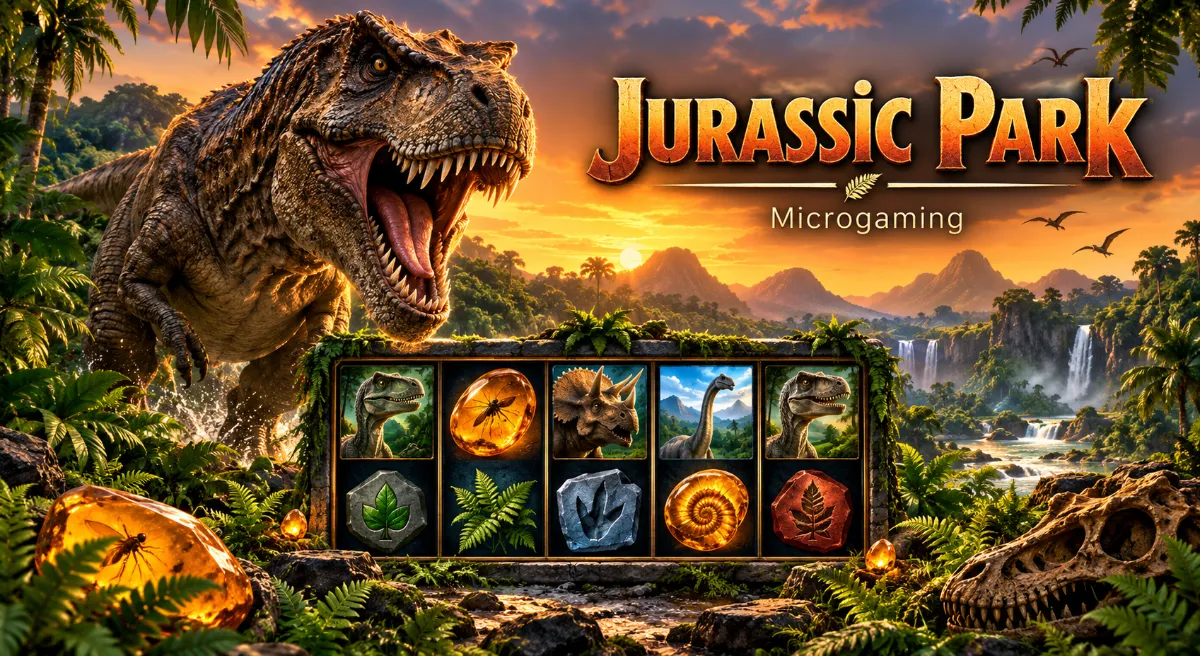 ภาพไดโนเสาร์ทีเร็กซ์กลางป่าและวงล้อเกม Jurassic Park Remastered