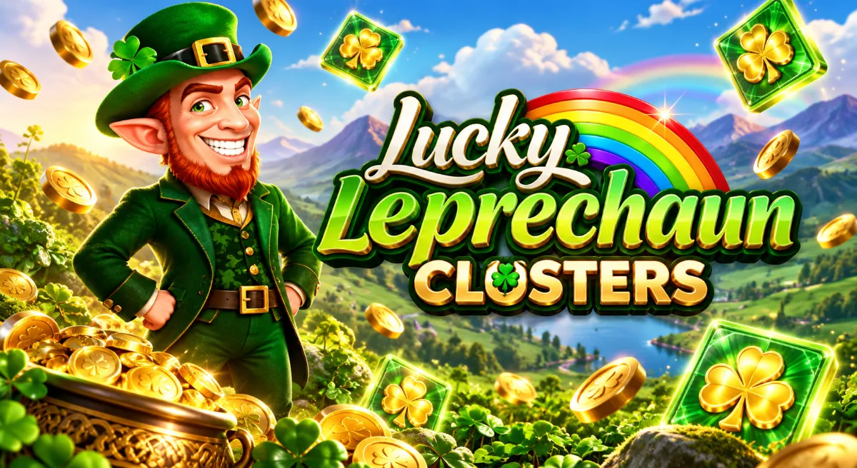 ภูตไอริชในชุดสีเขียวกับเหรียญทองและชื่อเกม Lucky Leprechaun Clusters