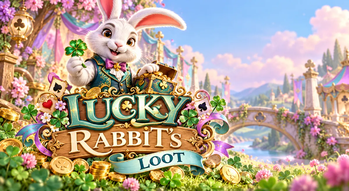 กระต่ายสีขาวถือใบโคลเวอร์ข้างหีบสมบัติและป้ายชื่อ Lucky Rabbit’s Loot