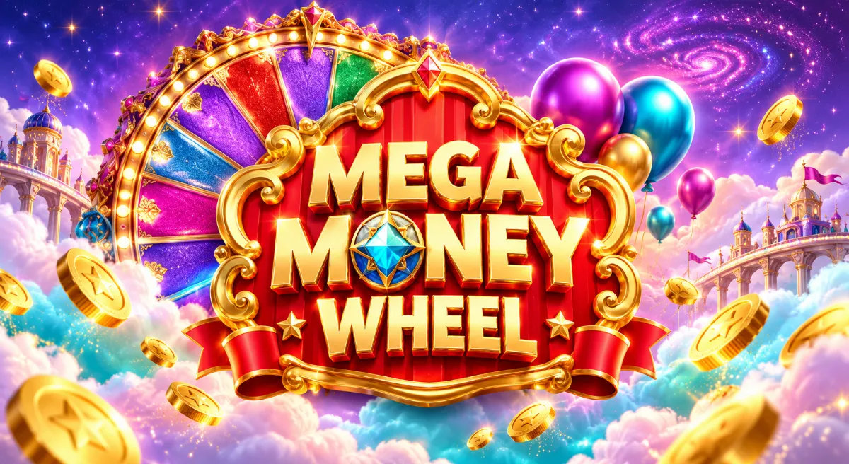 ภาพวงล้อสีทอง ลูกโป่ง และป้ายชื่อ Mega Money Wheel บนฉากท้องฟ้าแฟนตาซี