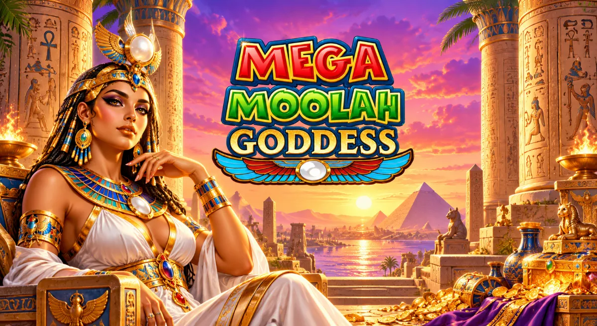 เทพธิดาอียิปต์และโลโก้ Mega Moolah Goddess บนฉากวิหารยามพระอาทิตย์ตก