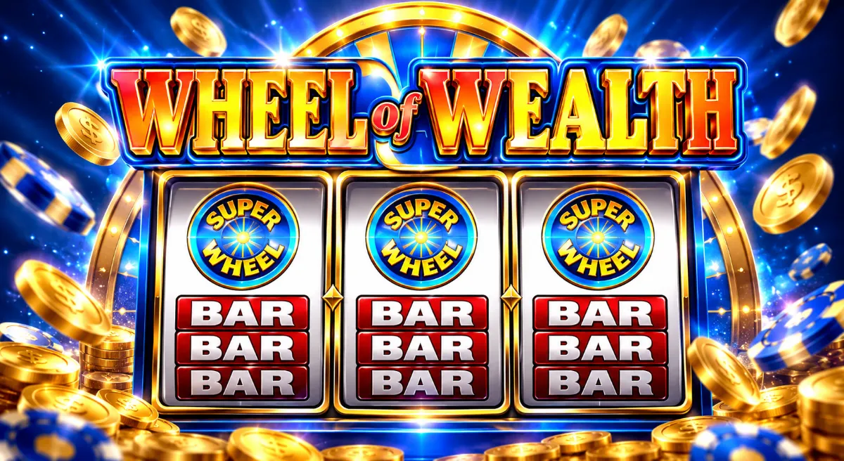 ภาพเกม Microgaming Wheel Of Wealth แสดงวงล้อสามรีลและสัญลักษณ์ธีมสมบัติ