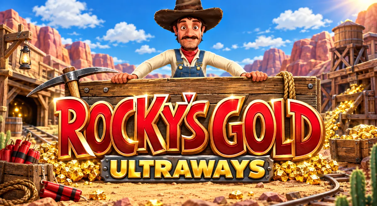 ภาพปกเกม Rocky's Gold Ultraways ธีมเหมืองทองตะวันตกพร้อมโลโก้เกม