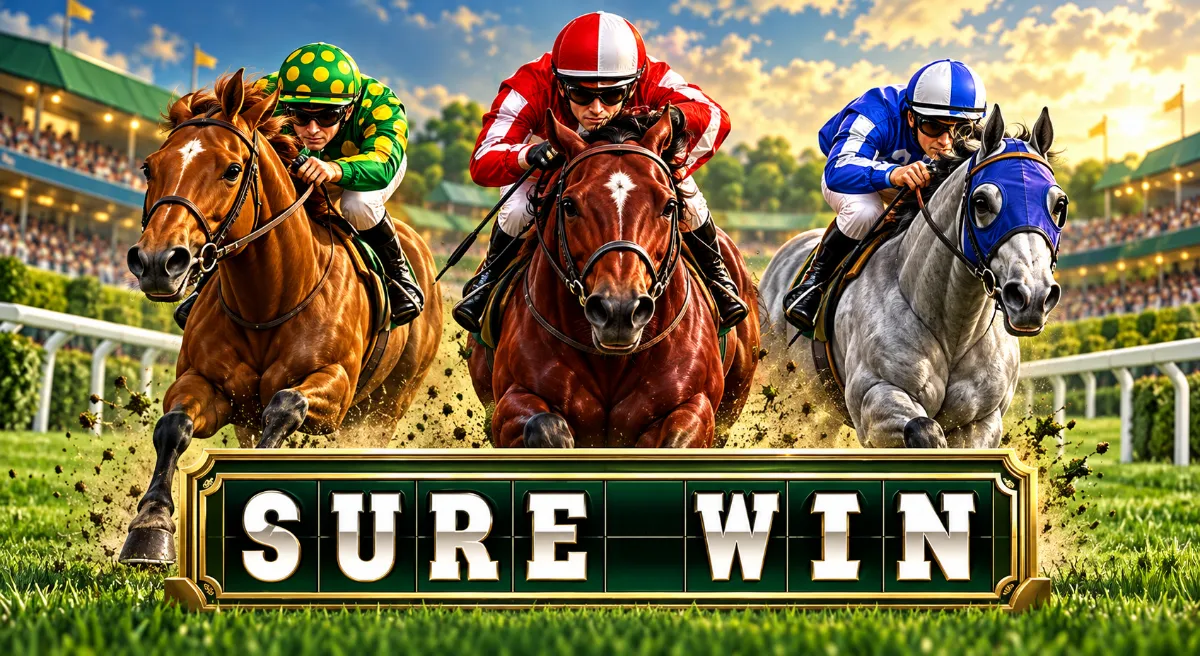 ม้าแข่งสามตัวพร้อมนักขี่และป้ายชื่อ Sure Win ในสนามแข่ง
