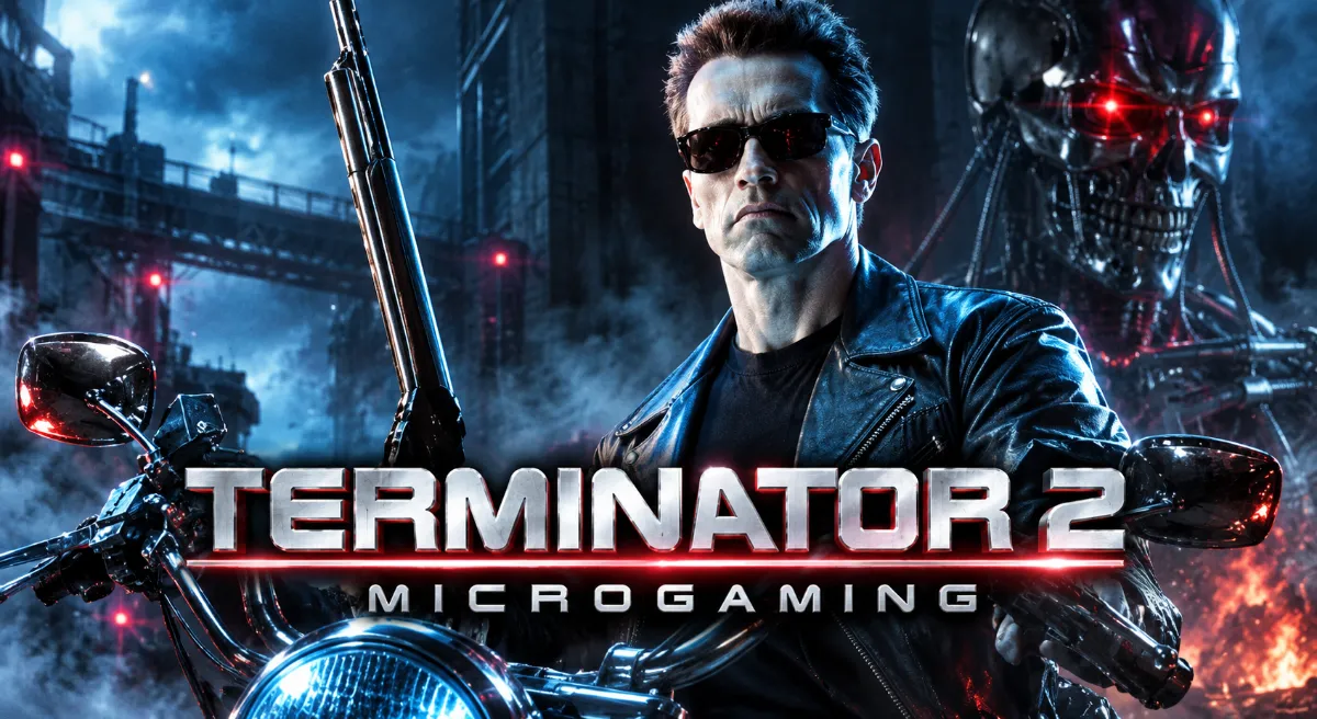 ภาพปก Terminator 2 Microgaming แสดง T-800 สวมแว่นดำขี่มอเตอร์ไซค์ พร้อมหุ่นยนต์โลหะในฉากด้านหลัง