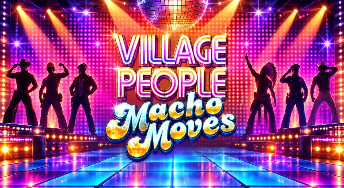 ภาพปก Village People Macho Moves บนเวทีดิสโก้พร้อมตัวละครวงดนตรี