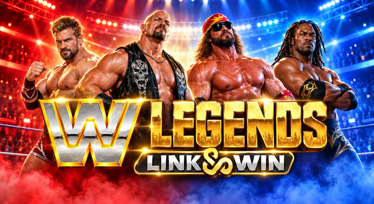 ภาพปก WWE Legends: Link & Win ในบรรยากาศเวทีมวยปล้ำ โทนแสงสีแดงและน้ำเงิน