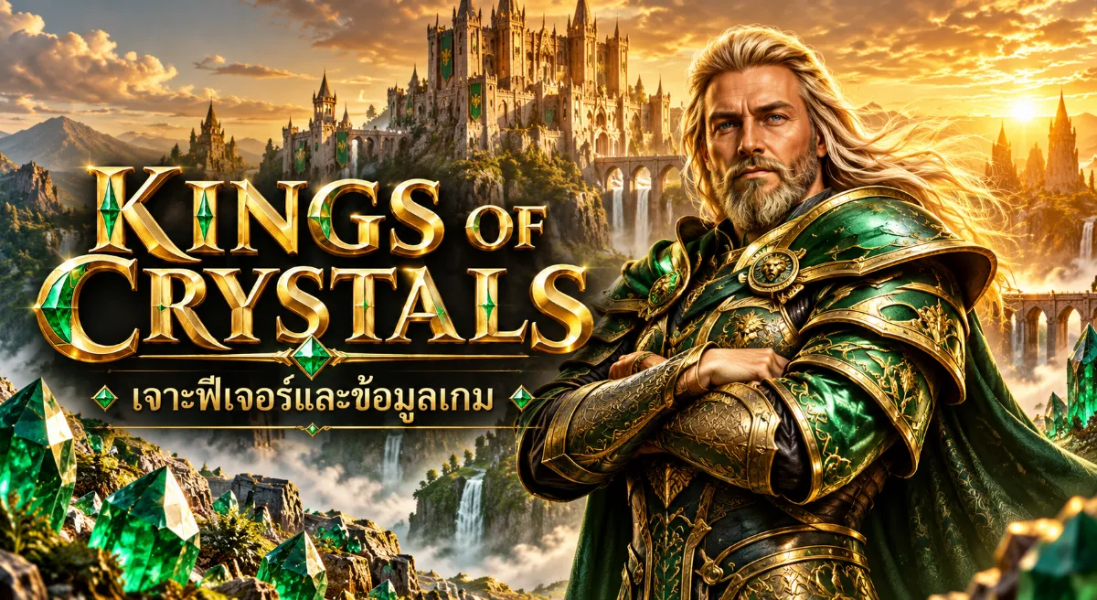 ภาพปก Kings Of Crystals ราชาสวมเกราะสีเขียวทอง พร้อมคริสตัลมรกตและปราสาทยามอาทิตย์ตก