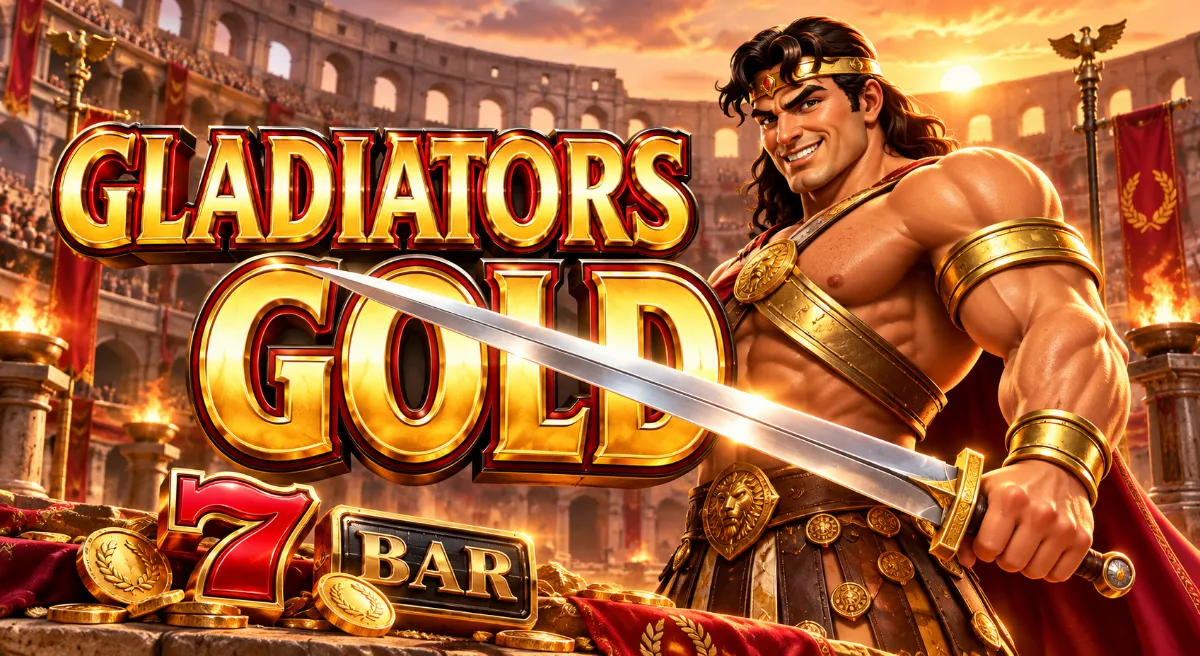 ภาพปก Gladiators Gold นักสู้โรมันถือดาบในโคลอสเซียม พร้อมชื่อเกมสีทองและสัญลักษณ์ 7 กับ BAR