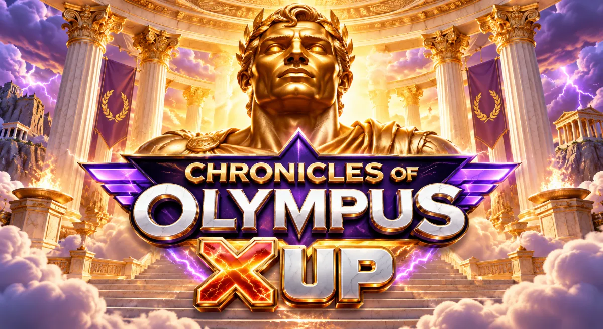 ภาพปก Chronicles of Olympus X UP รูปปั้นเทพเจ้าสีทองกลางวิหารกรีก พร้อมโลโก้เกมและท้องฟ้าสีม่วง