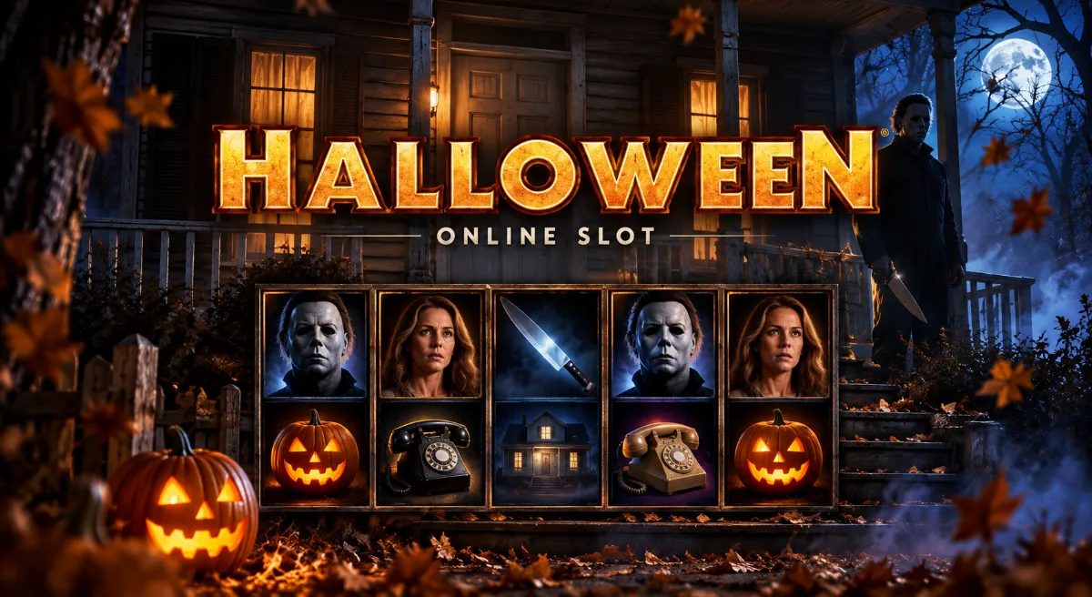 ภาพปกเกม Halloween พร้อมชื่อเกม วงล้อสล็อต ฟักทอง และ Michael Myers หน้าบ้านไม้ในบรรยากาศสยองขวัญ