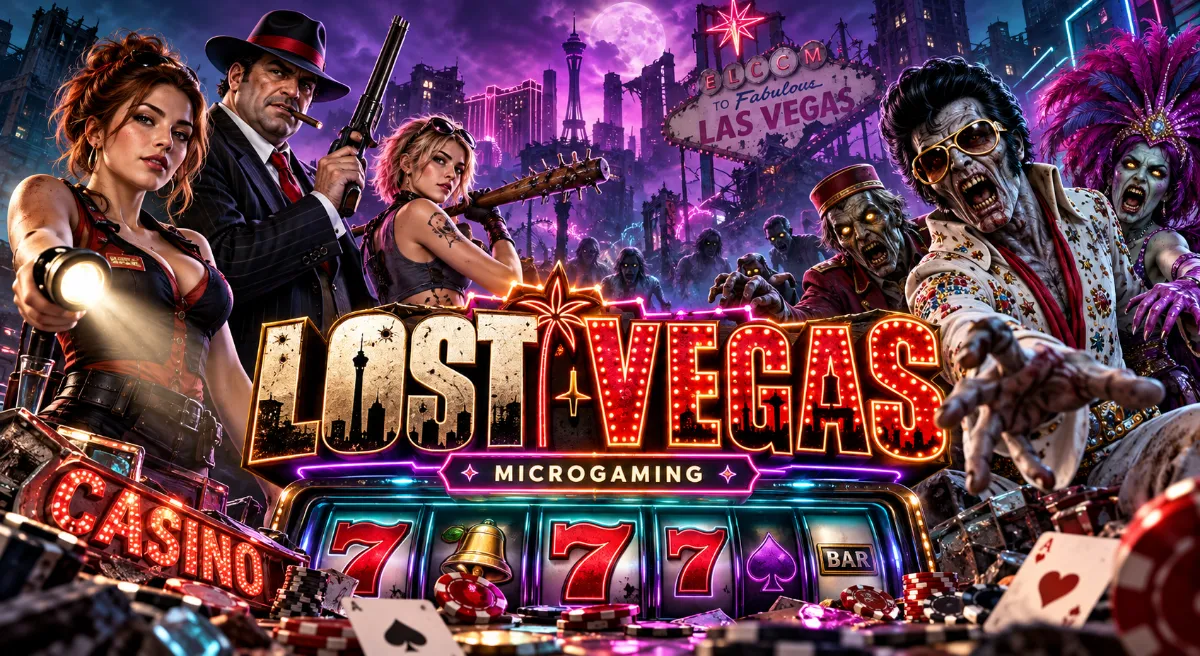 ภาพปก Lost Vegas แสดงผู้รอดชีวิตและซอมบี้ในลาสเวกัส พร้อมแสงนีออนและชื่อ Microgaming