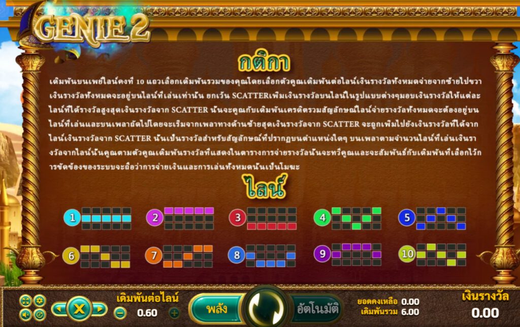 คุณสมบัติเกมสล็อต Genie 2 Lines