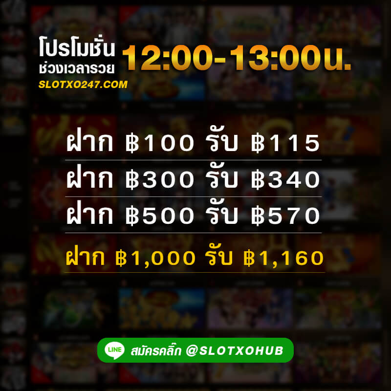 slotxo ฟรีเครดิต ช่วงเวลารวย ในเวลา 12.00 - 13.00 น.
